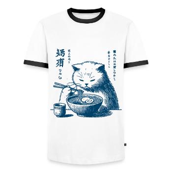 Kawaii Retro Cats Ramen Ukiyo-E Streetwear - Men's Ringer Shirt - white/black - Front - AI Model Female 172 light (172cm) & AI Model Male 178 dark (178cm)