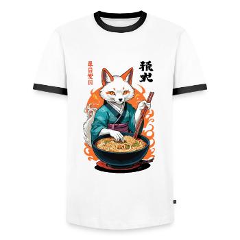 Kitsune Ramen Noodles Kawaii Japan Retro Ukiyo-e - Men's Ringer Shirt - white/black - Front - AI Model Female 172 light (172cm) & AI Model Male 178 dark (178cm)