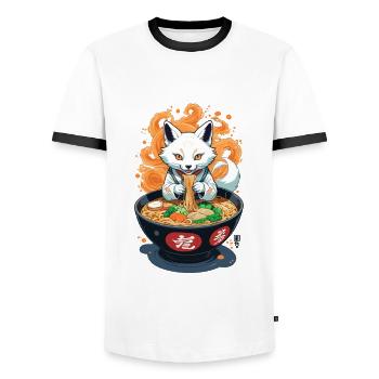 Kitsune Ramen Noodles Kawaii Retro Ukiyo-e Fox - Men's Ringer Shirt - white/black - Front - AI Model Female 172 light (172cm) & AI Model Male 178 dark (178cm)