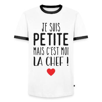 Je suis petite mais c'est moi la chef - Men's Ringer Shirt - white/black - Front - AI Model Female 172 light (172cm) & AI Model Male 178 dark (178cm)