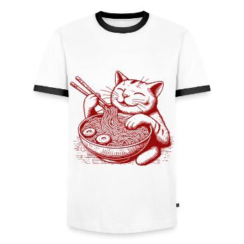 Ramen Noodles Kawaii Cat Japanese Streetwear - Men's Ringer Shirt - white/black - Front - AI Model Female 172 light (172cm) & AI Model Male 178 dark (178cm)