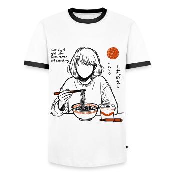 Girl loves ramen noodles and drawing - Men's Ringer Shirt - white/black - Front - AI Model Female 172 light (172cm) & AI Model Male 178 dark (178cm)