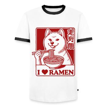 Japanese Streetwear Kawaii Ramen Noodles Love - Men's Ringer Shirt - white/black - Front - AI Model Female 172 light (172cm) & AI Model Male 178 dark (178cm)