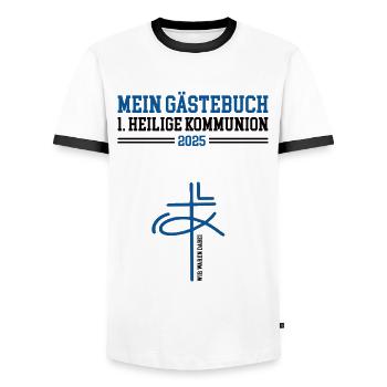 Kommunion Gästebuch 2025 1 Heilige Kommunionsfeier - Männer Kontrast-T-Shirt - Weiß/Schwarz - Vorne - AI Model Female 172 light (172cm) & AI Model Male 178 dark (178cm)