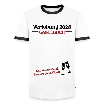 Verlobung 2025 Hochzeit Verlobungsfeier Gästebuch - Männer Kontrast-T-Shirt - Weiß/Schwarz - Vorne - AI Model Female 172 light (172cm) & AI Model Male 178 dark (178cm)
