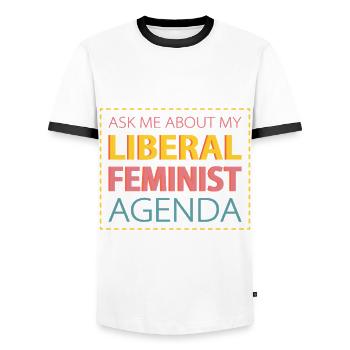According to my liberal feminist agenda - Men's Ringer Shirt - white/black - Front - AI Model Female 172 light (172cm) & AI Model Male 178 dark (178cm)
