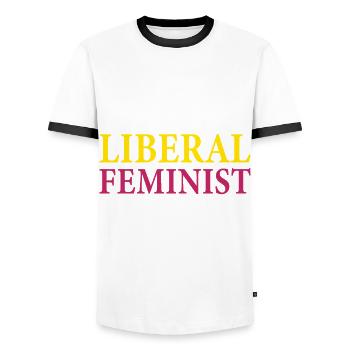 According to my liberal feminist agenda - Men's Ringer Shirt - white/black - Front - AI Model Female 172 light (172cm) & AI Model Male 178 dark (178cm)