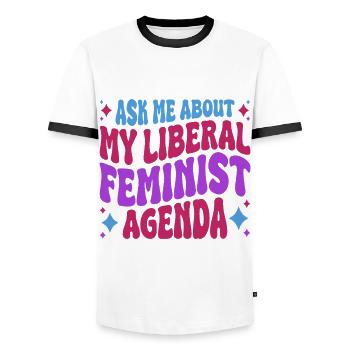 According to my liberal feminist agenda - Men's Ringer Shirt - white/black - Front - AI Model Female 172 light (172cm) & AI Model Male 178 dark (178cm)