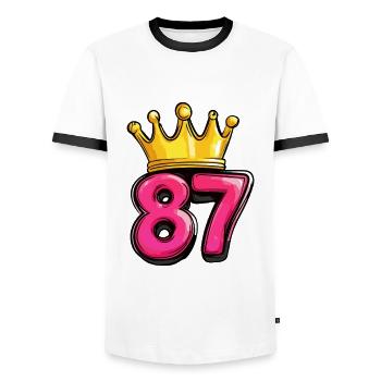 87 Zahl Krone - Männer Kontrast-T-Shirt - Weiß/Schwarz - Vorne - AI Model Female 172 light (172cm) & AI Model Male 178 dark (178cm)