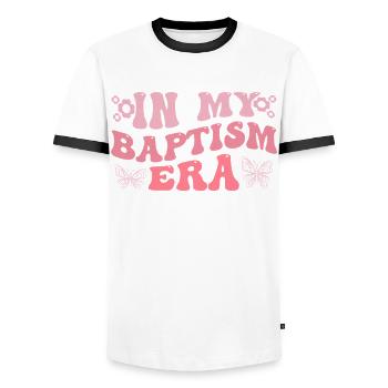 Time for my baptism First Communion - Men's Ringer Shirt - white/black - Front - AI Model Female 172 light (172cm) & AI Model Male 178 dark (178cm)