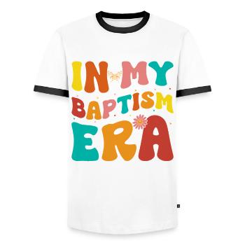 Time for my baptism First Communion - Men's Ringer Shirt - white/black - Front - AI Model Female 172 light (172cm) & AI Model Male 178 dark (178cm)