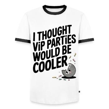 I Thought VIP Parties Would Be Cooler Ironie VIP - Männer Kontrast-T-Shirt - Weiß/Schwarz - Vorne - AI Model Female 172 light (172cm) & AI Model Male 178 dark (178cm)