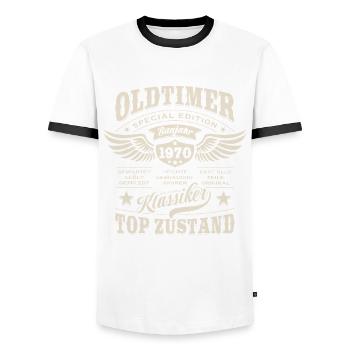 Oldtimer Baujahr 1970 - Geburtstag - Geschenk - Männer Kontrast-T-Shirt - Weiß/Schwarz - Vorne - AI Model Female 172 light (172cm) & AI Model Male 178 dark (178cm)