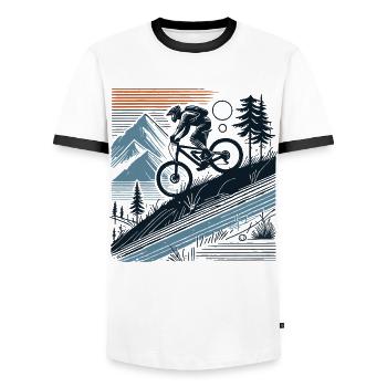 Mountain Bike Adventure Bicycle Nature Tour - Men's Ringer Shirt - white/black - Front - AI Model Female 172 light (172cm) & AI Model Male 178 dark (178cm)