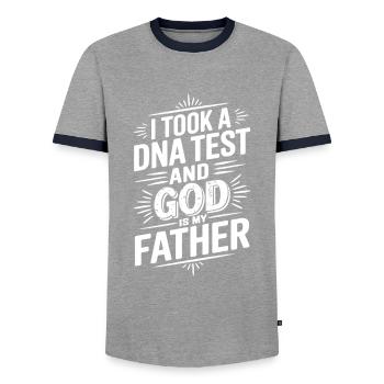 DNA test done, God is my father! Christian - Men's Ringer Shirt - grey/navy  - Front - AI Model Female 172 light (172cm) & AI Model Male 178 light (178cm)