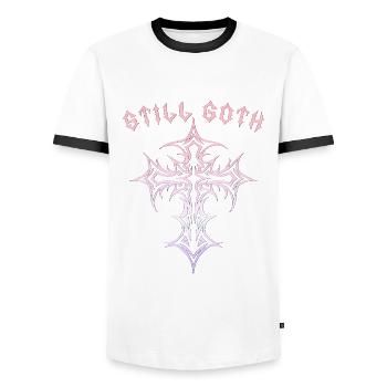 Still Goth! Gothic Aesthetics Y2K Cross - Men's Ringer Shirt - white/black - Front - AI Model Female 172 light (172cm) & AI Model Male 178 dark (178cm)