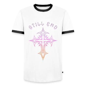 Still Goth! Gothic Aesthetics Y2K Cross - Men's Ringer Shirt - white/black - Front - AI Model Female 172 light (172cm) & AI Model Male 178 dark (178cm)