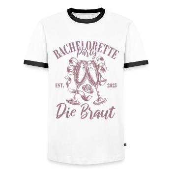 Bachelorette Party 2025 Die Braut Name eintragen - Männer Kontrast-T-Shirt - Weiß/Schwarz - Vorne - AI Model Female 172 light (172cm) & AI Model Male 178 dark (178cm)