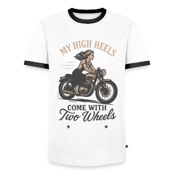 Mes talons hauts sont équipés d’une moto à deux roues - T-shirt contrasté Homme - blanc/noir - Devant - AI Model Female 172 light (172cm) & AI Model Male 178 dark (178cm)