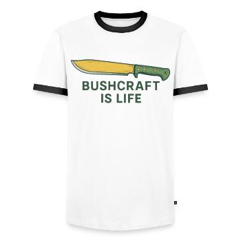 Bushcraft Is Life Prepper Survival - Men's Ringer Shirt - white/black - Front - AI Model Female 172 light (172cm) & AI Model Male 178 dark (178cm)