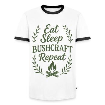 Eating Sleeping Bushcraft Repetition Prepper - Men's Ringer Shirt - white/black - Front - AI Model Female 172 light (172cm) & AI Model Male 178 dark (178cm)