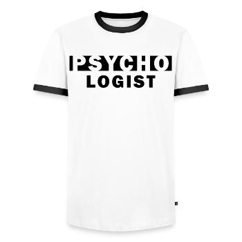 Psycho Logist – Typo Design Gift - Men's Ringer Shirt - white/black - Front - AI Model Female 172 light (172cm) & AI Model Male 178 dark (178cm)