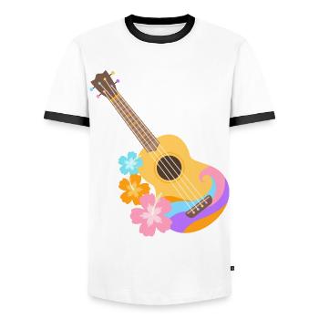 Colorful Ukulele Wave Pattern with Hibiscus Flowers - Men's Ringer Shirt - white/black - Front - AI Model Female 172 light (172cm) & AI Model Male 178 dark (178cm)