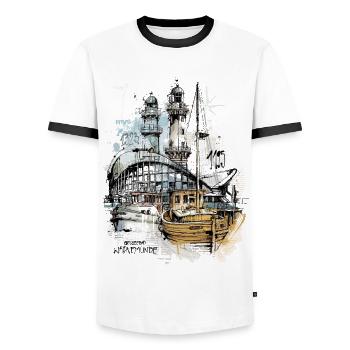 Warnemünde Teepott scene - Men's Ringer Shirt - white/black - Front - AI Model Female 172 light (172cm) & AI Model Male 178 dark (178cm)
