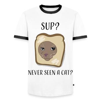 NEVER SEEN A CAT ? - Männer Kontrast-T-Shirt - Weiß/Schwarz - Vorne - AI Model Female 172 light (172cm) & AI Model Male 178 dark (178cm)