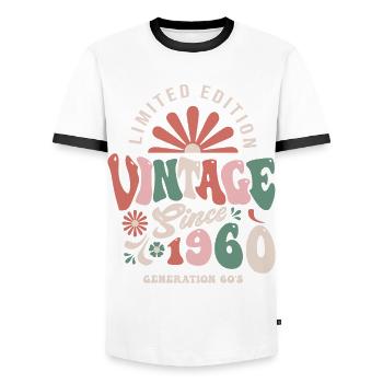 1960 Jubiläum Jahrgang 1960 - Männer Kontrast-T-Shirt - Weiß/Schwarz - Vorne - AI Model Female 172 light (172cm) & AI Model Male 178 dark (178cm)