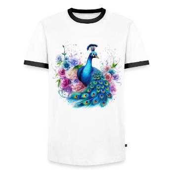 Fleurs de paon Plume de paon exotique coloré coloré - T-shirt contrasté Homme - blanc/noir - Devant - AI Model Female 172 light (172cm) & AI Model Male 178 dark (178cm)
