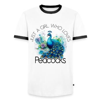 Fleurs de paon Plume de paon exotique coloré coloré - T-shirt contrasté Homme - blanc/noir - Devant - AI Model Female 172 light (172cm) & AI Model Male 178 dark (178cm)