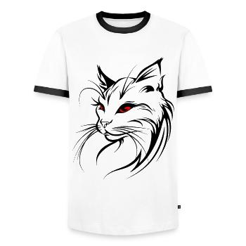 Cat Silhouette Outline Drawing Lineart Art - Men's Ringer Shirt - white/black - Front - AI Model Female 172 light (172cm) & AI Model Male 178 dark (178cm)