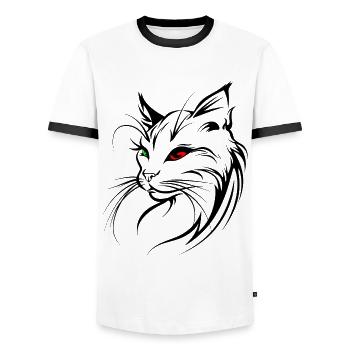 Cat Silhouette Outline Drawing Lineart Art - Men's Ringer Shirt - white/black - Front - AI Model Female 172 light (172cm) & AI Model Male 178 dark (178cm)