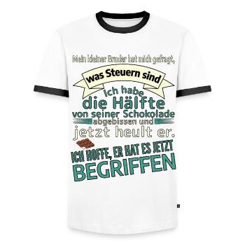 Steuern erklären kleiner Bruder Schokolade lustig - Männer Kontrast-T-Shirt - Weiß/Schwarz - Vorne - AI Model Female 172 light (172cm) & AI Model Male 178 dark (178cm)