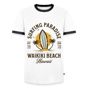 Waikiki Beach Hawaii Surfing Paradise - Men's Ringer Shirt - white/black - Front - AI Model Female 172 light (172cm) & AI Model Male 178 dark (178cm)