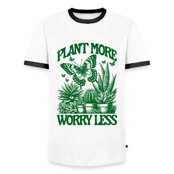 PLANT MORE WORRY LESS Gardening - Men's Ringer Shirt - white/black - Front - AI Model Female 172 light (172cm) & AI Model Male 178 dark (178cm)