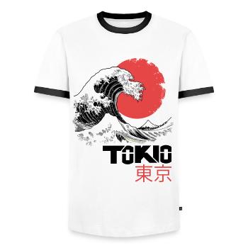 Tokyo, Japon, Asie, Mer, Vague, Montagne, Soleil Ville - T-shirt contrasté Homme - blanc/noir - Devant - AI Model Female 172 light (172cm) & AI Model Male 178 dark (178cm)
