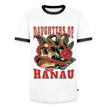 Hanau Frau Geschenk daughters of Hanau Frauen - Männer Kontrast-T-Shirt - Weiß/Schwarz - Vorne - AI Model Female 172 light (172cm) & AI Model Male 178 dark (178cm)