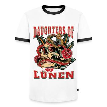 Lünen Frau Geschenk daughters of Lünen Frauen - Männer Kontrast-T-Shirt - Weiß/Schwarz - Vorne - AI Model Female 172 light (172cm) & AI Model Male 178 dark (178cm)