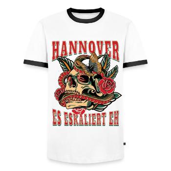 Hannover Frau Geschenk es eskaliert eh Frauen - Männer Kontrast-T-Shirt - Weiß/Schwarz - Vorne - AI Model Female 172 light (172cm) & AI Model Male 178 dark (178cm)