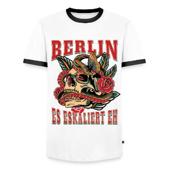 Berlin Frau Geschenk es eskaliert eh Berlin Frauen - Männer Kontrast-T-Shirt - Weiß/Schwarz - Vorne - AI Model Female 172 light (172cm) & AI Model Male 178 dark (178cm)