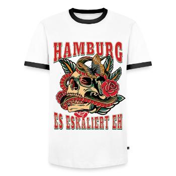 Hamburg Frau Geschenk es eskaliert eh Hamburg Fan - Männer Kontrast-T-Shirt - Weiß/Schwarz - Vorne - AI Model Female 172 light (172cm) & AI Model Male 178 dark (178cm)