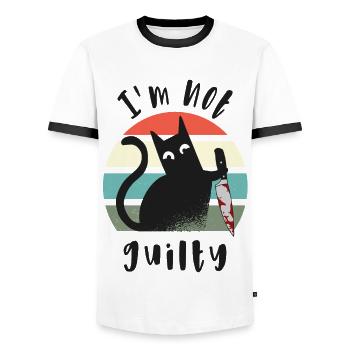 I'm not guilty, Innocent Cat with knife - Men's Ringer Shirt - white/black - Front - AI Model Female 172 light (172cm) & AI Model Male 178 dark (178cm)