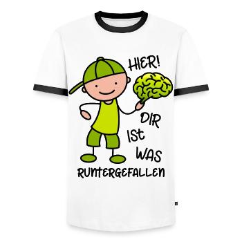 Hier! Dir ist was runtergefallen - lustiger Spruch - Männer Kontrast-T-Shirt - Weiß/Schwarz - Vorne - AI Model Female 172 light (172cm) & AI Model Male 178 dark (178cm)