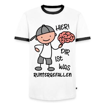 Lustiger Spruch Hier dir ist was runtergefallen - Männer Kontrast-T-Shirt - Weiß/Schwarz - Vorne - AI Model Female 172 light (172cm) & AI Model Male 178 dark (178cm)