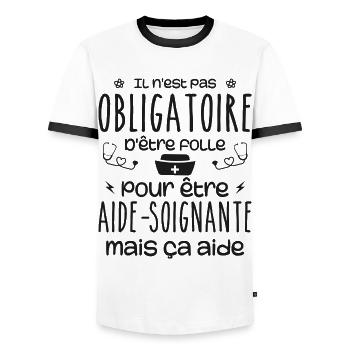Folle et aide-soignante Humour Aide-soignante - T-shirt contrasté Homme - blanc/noir - Devant - AI Model Female 172 light (172cm) & AI Model Male 178 dark (178cm)