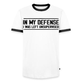 In my defense, I was left unattended - Men's Ringer Shirt - white/black - Front - AI Model Female 172 light (172cm) & AI Model Male 178 dark (178cm)