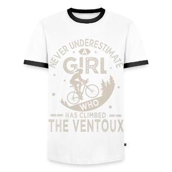 ein Mädchen, das den Ventoux vélo velo bestiegen hat - Männer Kontrast-T-Shirt - Weiß/Schwarz - Vorne - AI Model Female 172 light (172cm) & AI Model Male 178 dark (178cm)