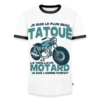 Le meilleur motard et le le plus beau tatoué - T-shirt contrasté Homme - blanc/noir - Devant - AI Model Female 172 light (172cm) & AI Model Male 178 dark (178cm)